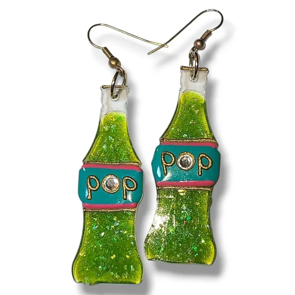 Vintage‎ Green Confetti Acrylic Soda Pop Bottle Dangle Earrings